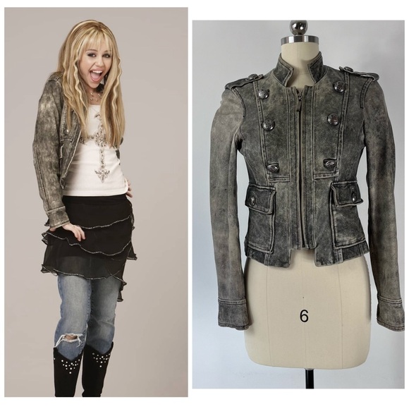 ASO Hannah Montana Miley Cyrus Gray Distressed Leather Military Jacket XS - Picture 1 of 14
